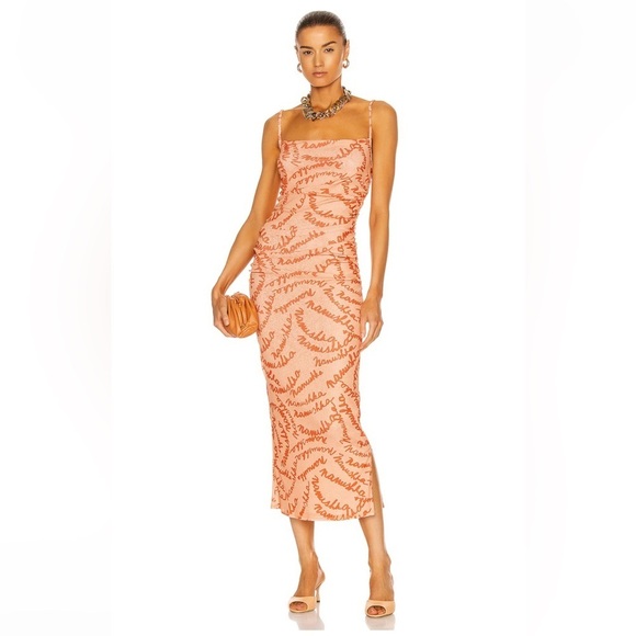 Nanushka Alexa Maxi Dress Orange Peach Logo Print Large Cinched Ruched Bodycon - Picture 1 of 16